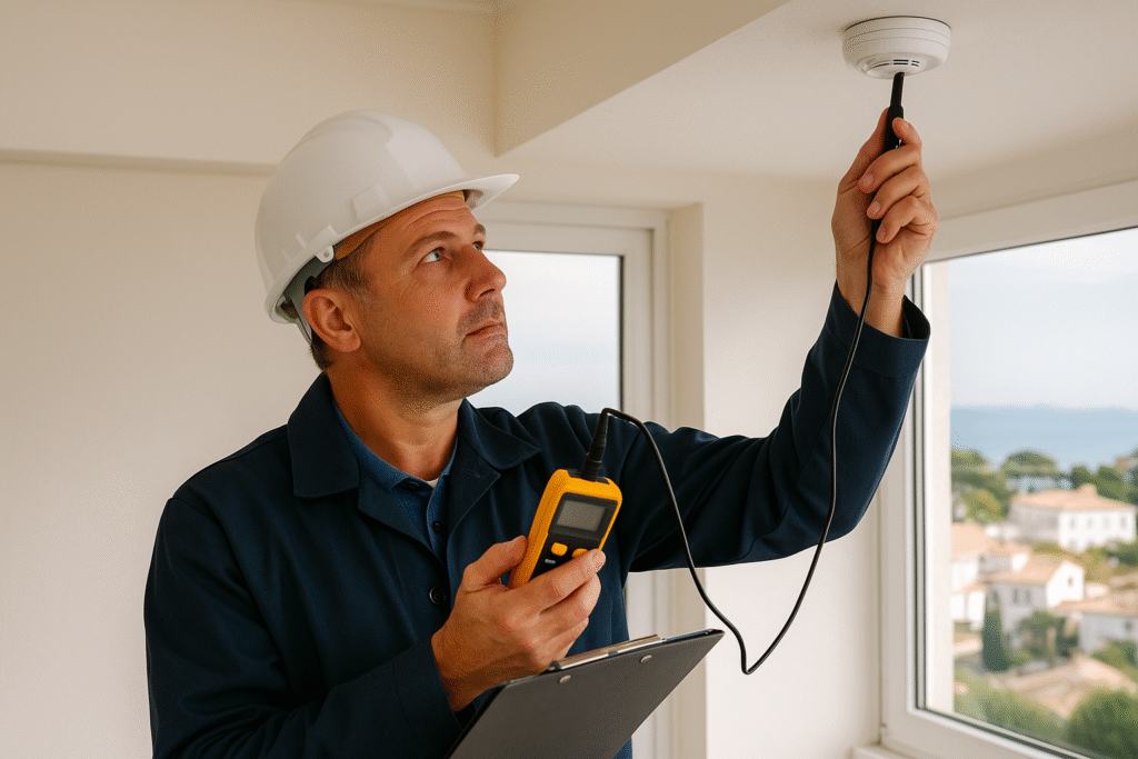 Inspecteur réalisant un diagnostic immobilier avec outils professionnels