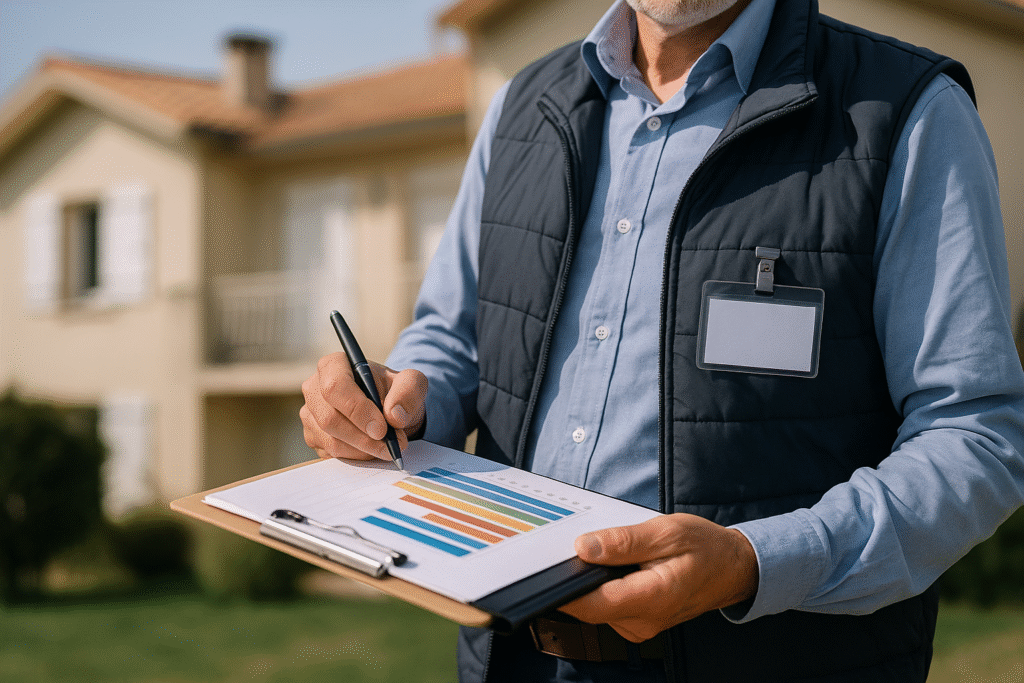 Inspecteur réalisant un diagnostic immobilier devant une maison à Hyères