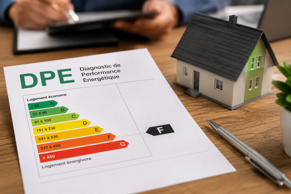 Document de diagnostic de performance énergétique DPE avec une maison miniature et une étiquette énergétique classée F